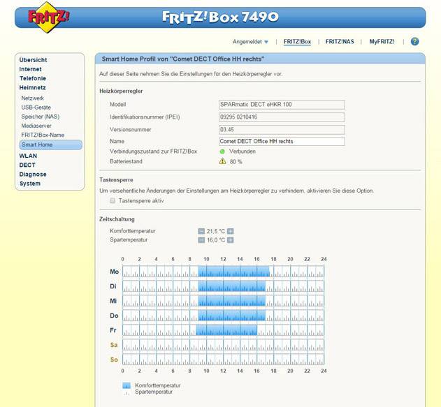 Interfejs Fritz!Box 7490: Profil inteligentnego domu dla grzejników. Ustawienia pokazują model, identyfikator i zmiany temperatury w tygodniowym przeglądzie.