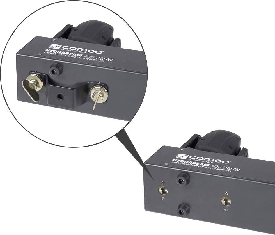 Czarno-szare urządzenie elektroniczne z przyłączami, z napisem 'Cameo HYDRABEAM 400 RGBW', jest pokazane w powiększeniu.