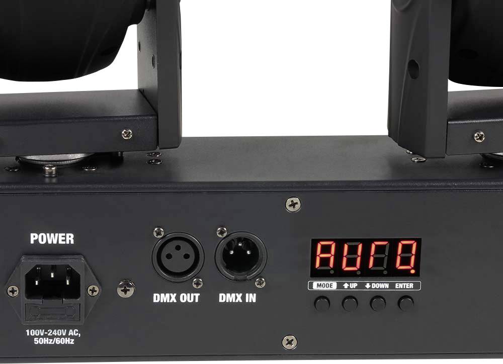 'Widok z tyłu efektu świetlnego z gniazdami DMX IN/OUT, złączem zasilania oraz wyświetlaczem z trybami, przyciskami góra/dół i wprowadzania.'