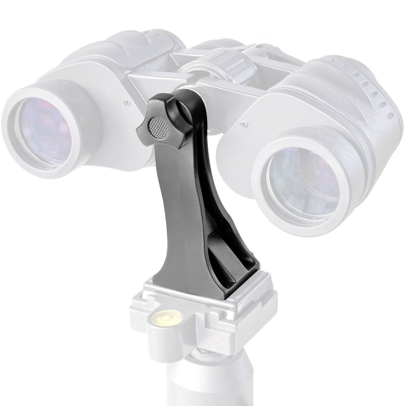 Adapter do mocowania lornetki przedstawia czarny adapter statywowy, który trzyma lornetkę zamocowaną górną częścią na statywie.