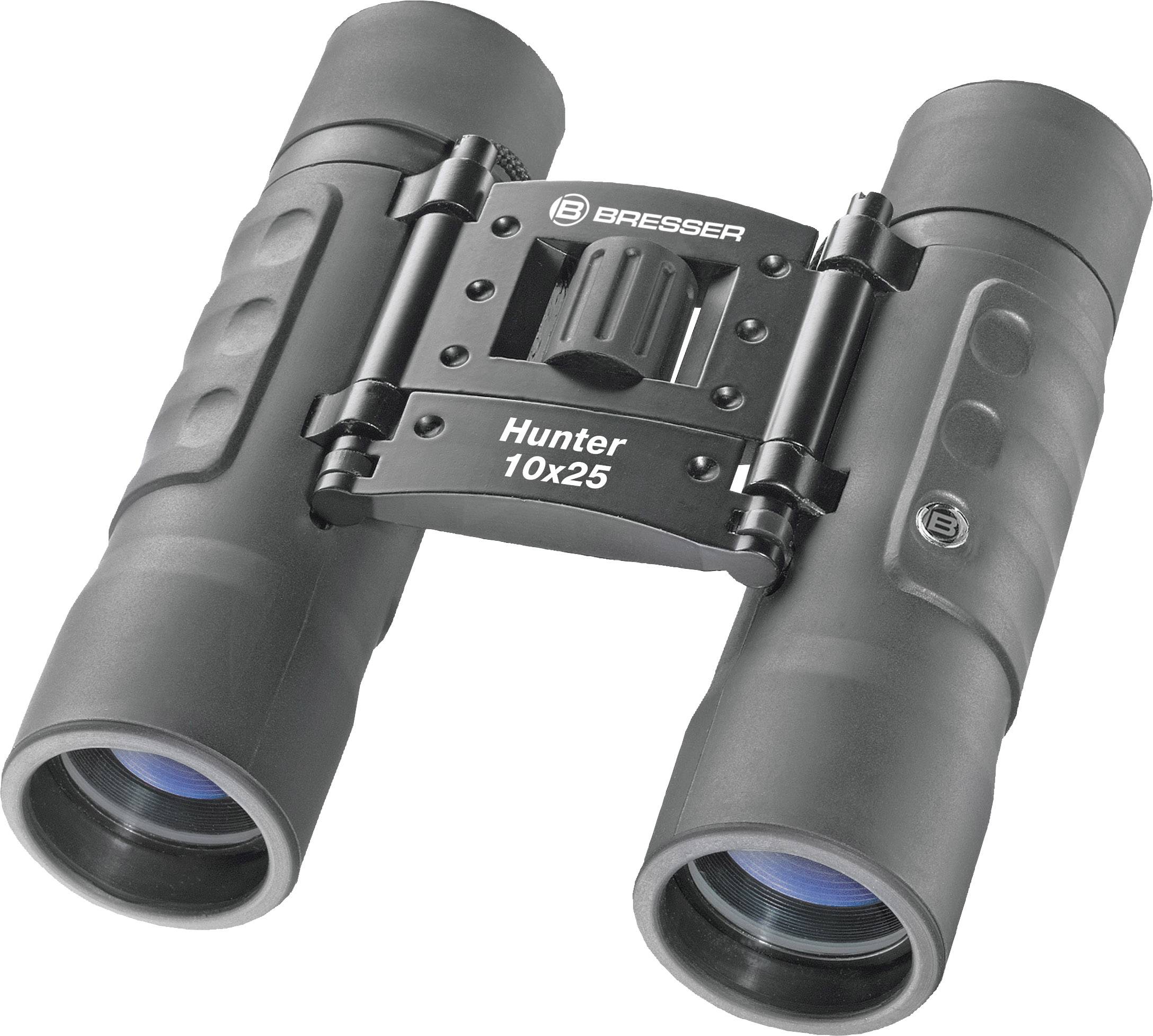 Lornetka z napisem 'Bresser Hunter 10x25', czarna, kompaktowa i złożona.