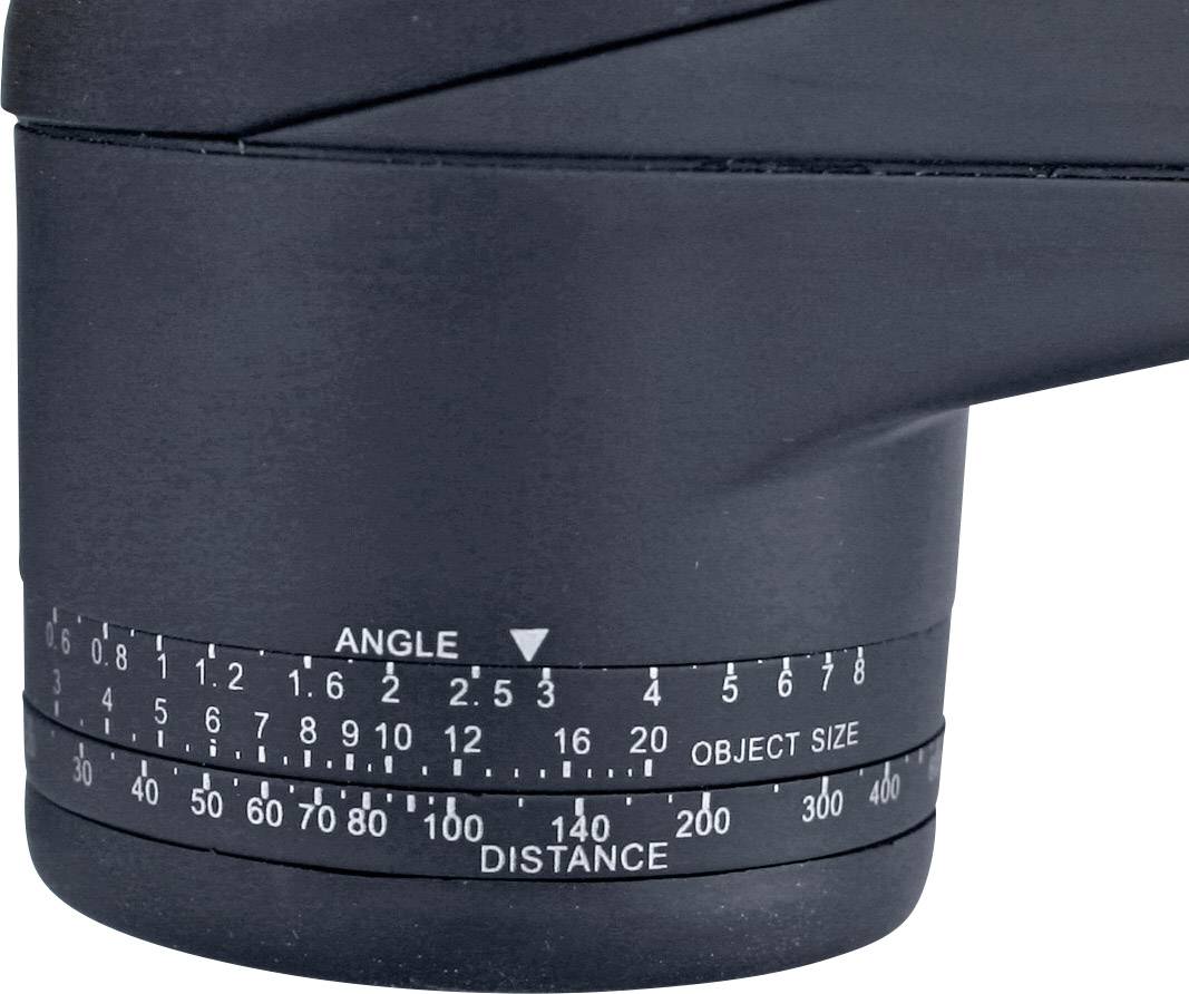Czarno-brązowe urządzenie przypominające lornetkę wyświetla skale pomiarowe kąta, rozmiaru obiektu i odległości.