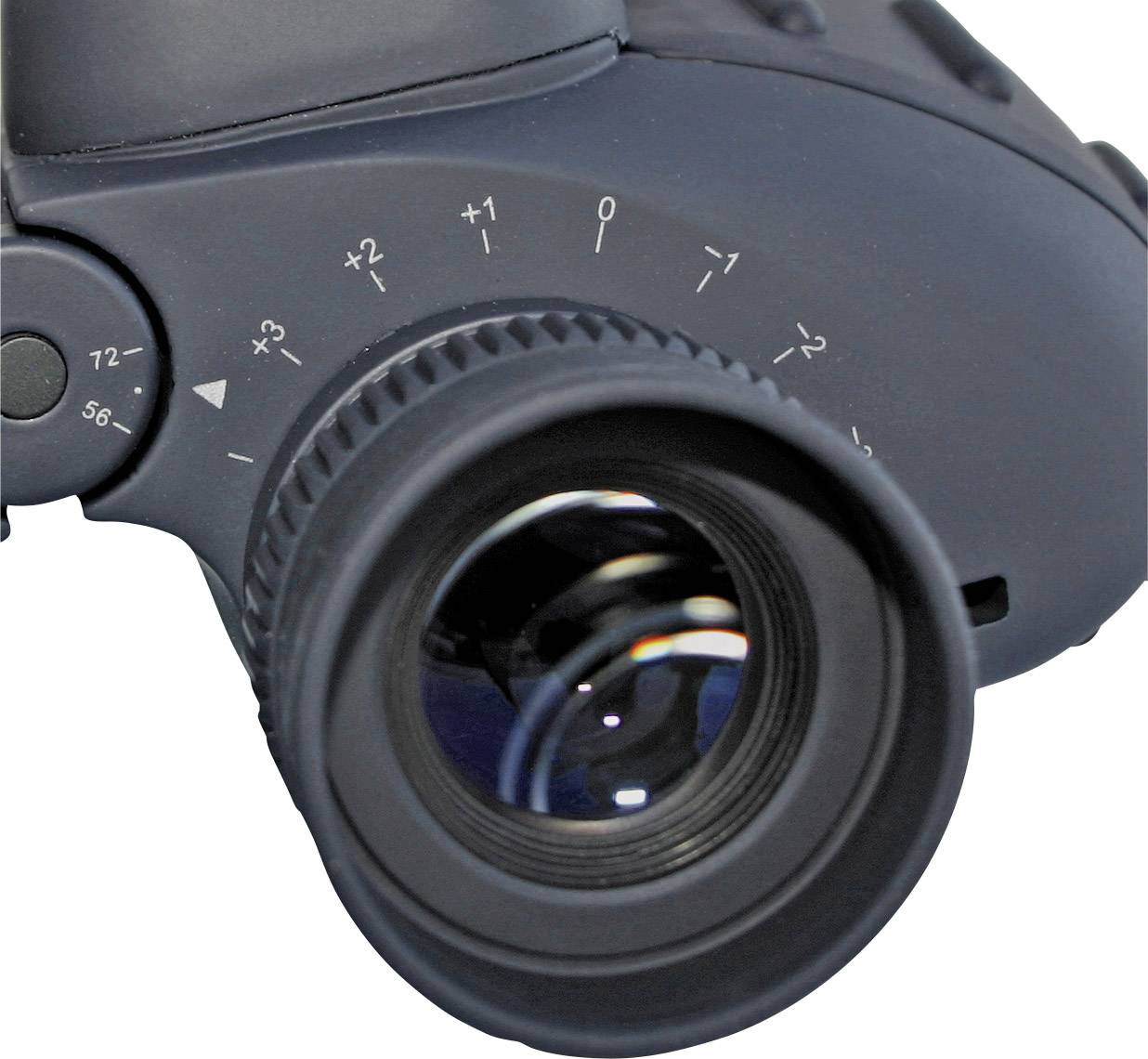 Okular lornetki z bliska, przedstawiający skalę ustawień dioptrii od -2 do +3.