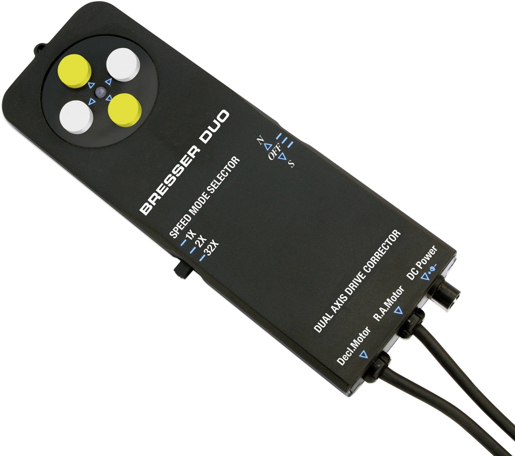 Pilot zdalnego sterowania z czterema żółtymi i białymi przyciskami, oznaczony jako Bresser Duo. Przełącznik trybu prędkości i kierunków niebieskich.