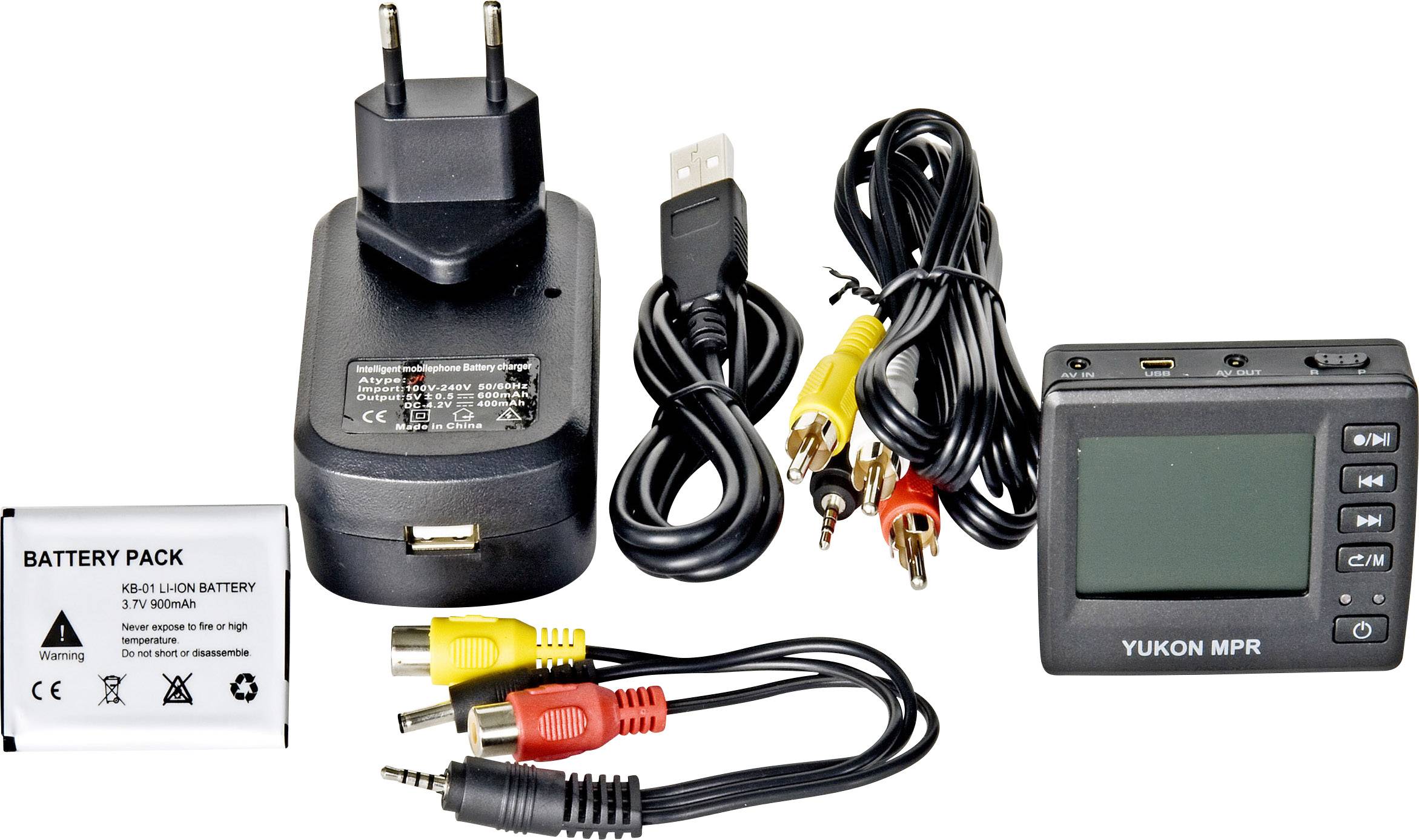 Ładowarka, akumulator, różne kable oraz mały elektroniczny sprzęt z ekranem i przyciskami są przedstawione na ilustracji.