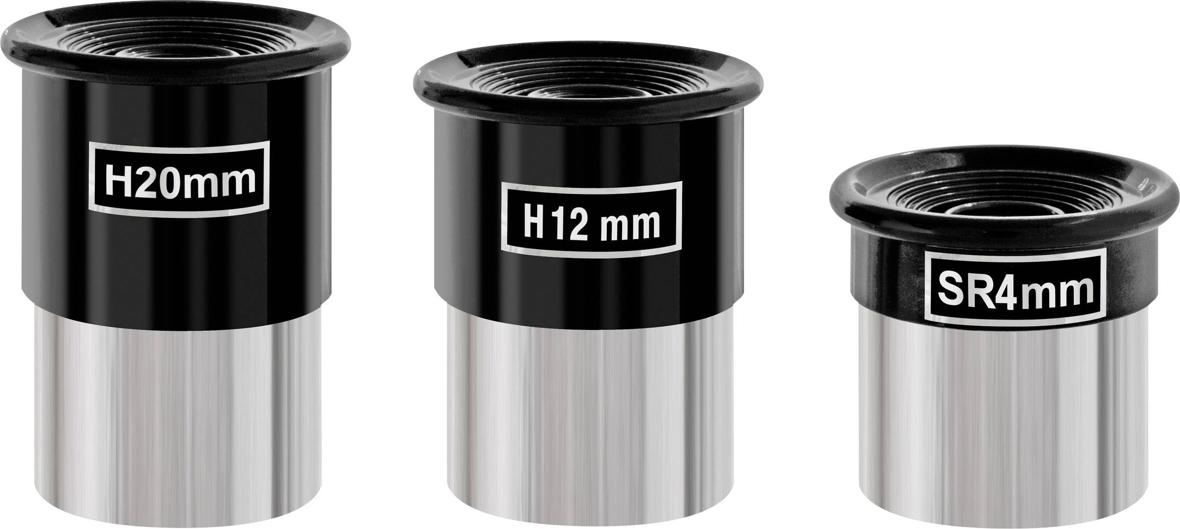 Trzy okulary mikroskopowe o różnych rozmiarach: 'H20mm', 'H12mm' i 'SR4mm'. Każdy rozmiar jest opisany osobno.