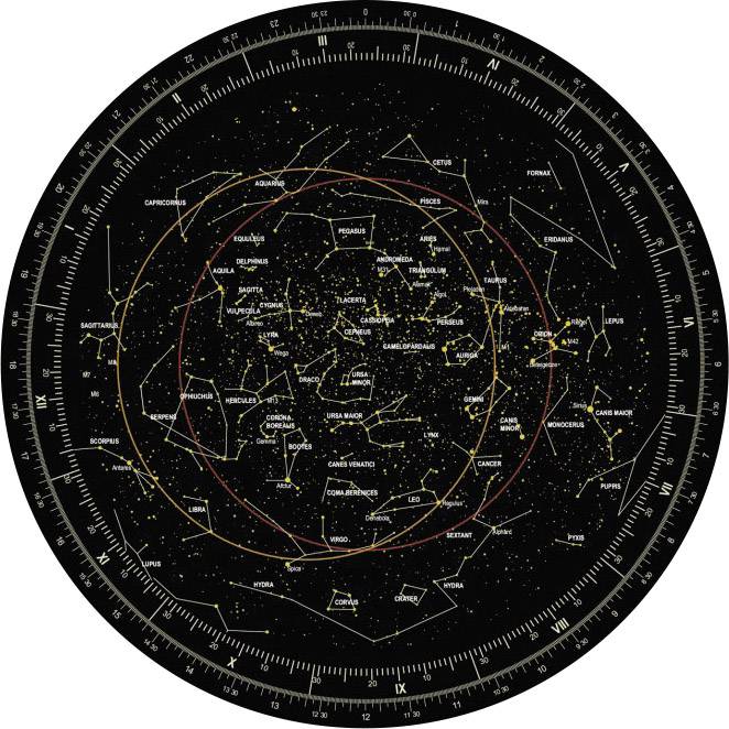 Mapa gwiezdna z zodiakiem i konstelacjami. Element centralny: znaki zodiaku ułożone w kole z oznaczeniami kierunków świata.