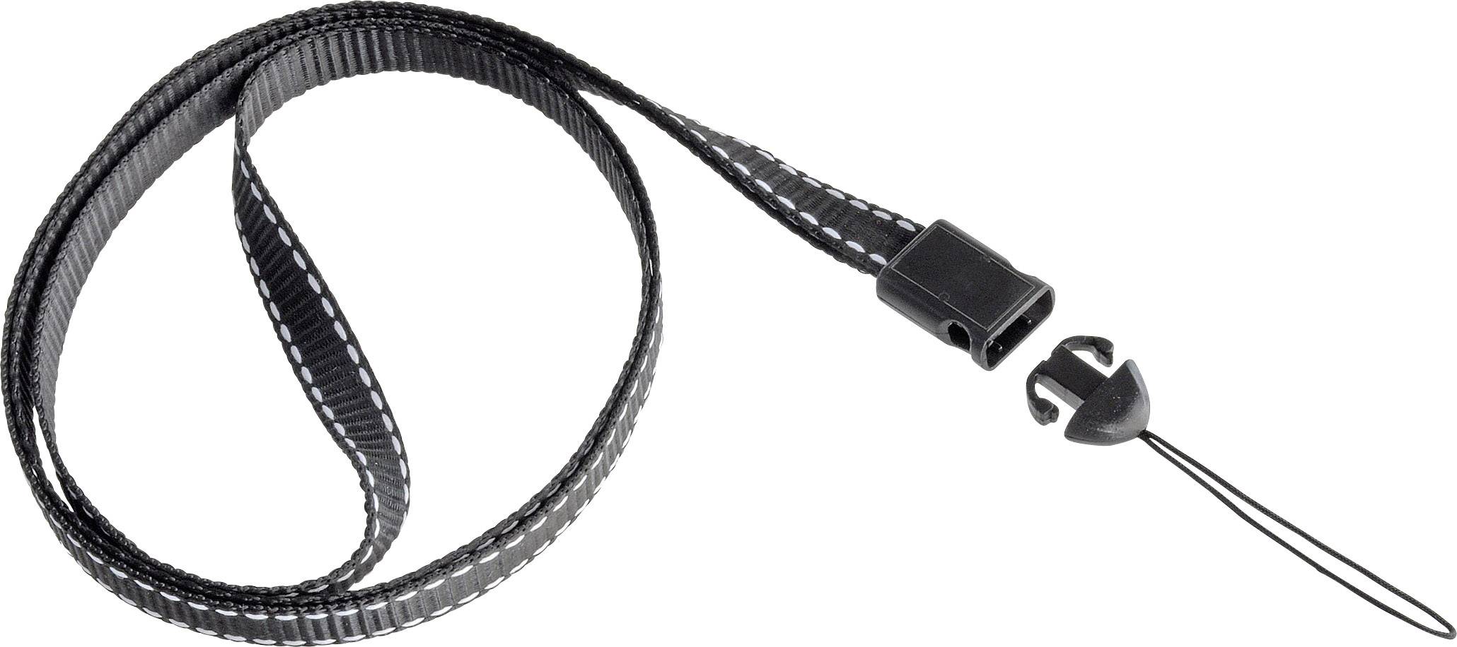 Czarna opaska zaciskowa z zapięciem zatrzaskowym i małą pętlką, służąca do zabezpieczania lub mocowania przedmiotów.