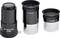 Trzy teleskopowe obiektywy: po lewej soczewka Barlowa 2x, obok niej obiektywy K 25 mm i K 10 mm. Wszystkie są czarne z srebrnymi elementami.
