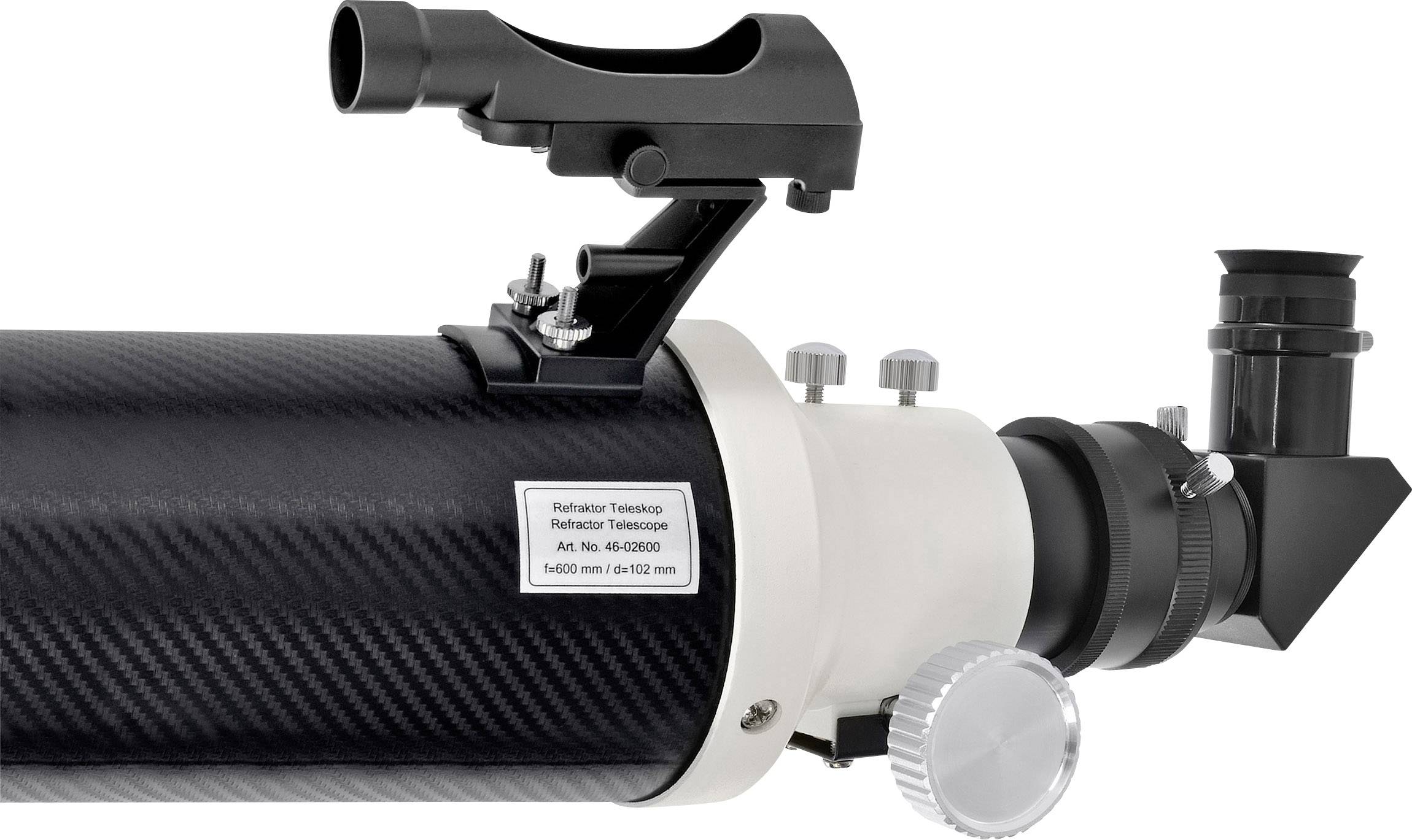 Teleskop z czarnym tubusem i celownikiem, widok z boku. Posiada regulowany okular oraz mechanizm obrotowy.