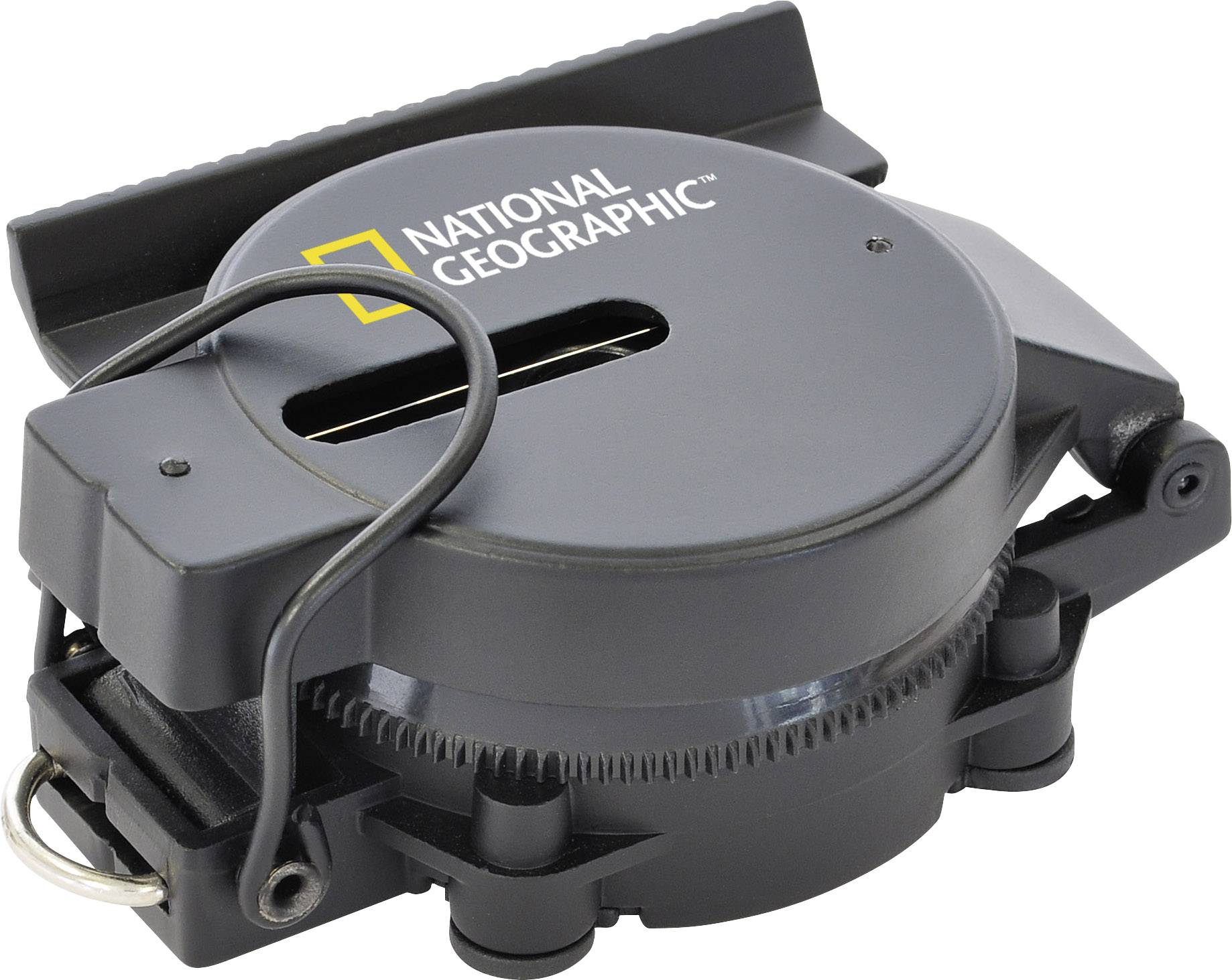 Czarny kompas National Geographic z obrotową obudową i paskiem do noszenia, umieszczony na białym tle.
