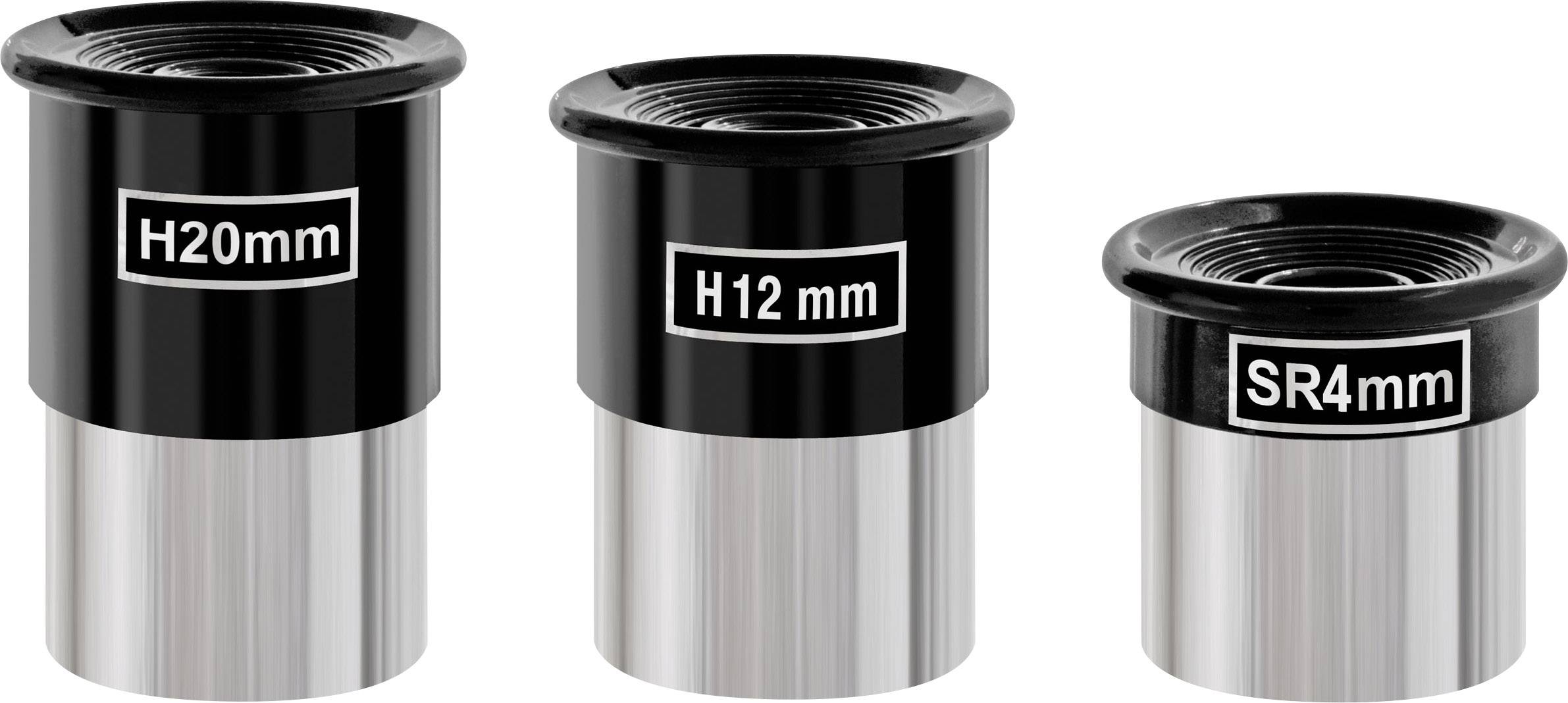 Trzy okulary o różnych rozmiarach ułożone obok siebie: H20 mm, H12 mm i SR4 mm. Wykonane są z czarnego i srebrnego materiału.