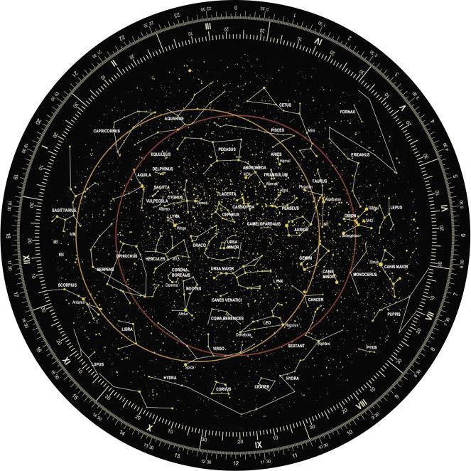 Mapa gwiezdna z konstelacjami i gwiazdozbiorami. Prezentuje pozycje na niebie z oznaczeniami ważnych gwiazd i gwiazdozbiorów.