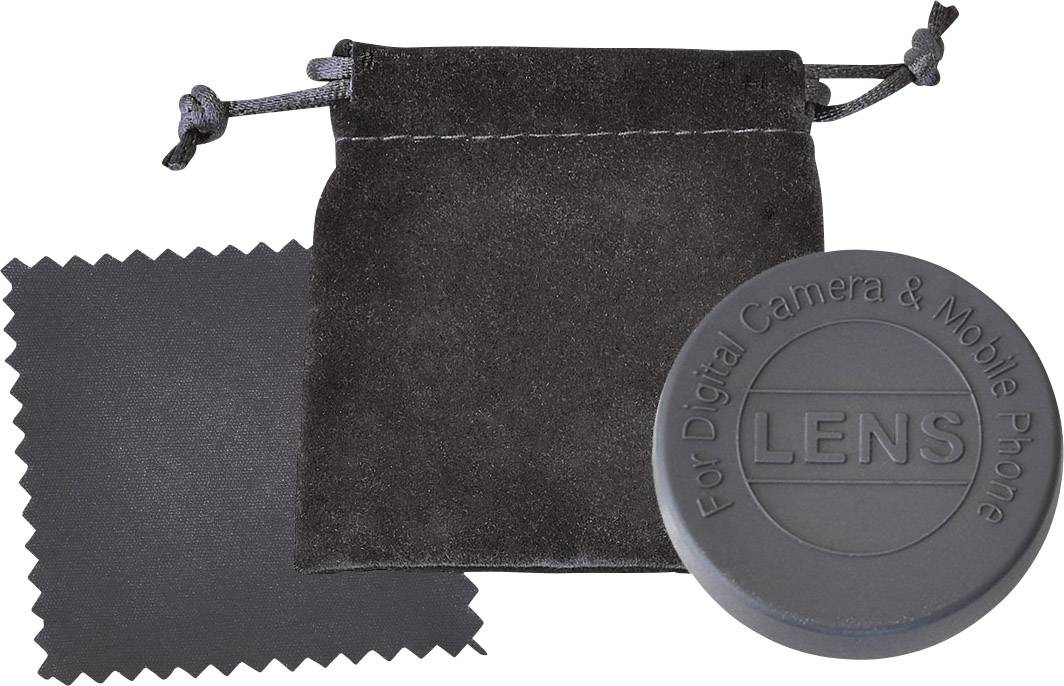 Dekielek obiektywu z napisem 'Lens', czarne etui z tkaniny oraz ściereczka do czyszczenia. Odpowiednie dla aparatu cyfrowego i telefonu komórkowego.