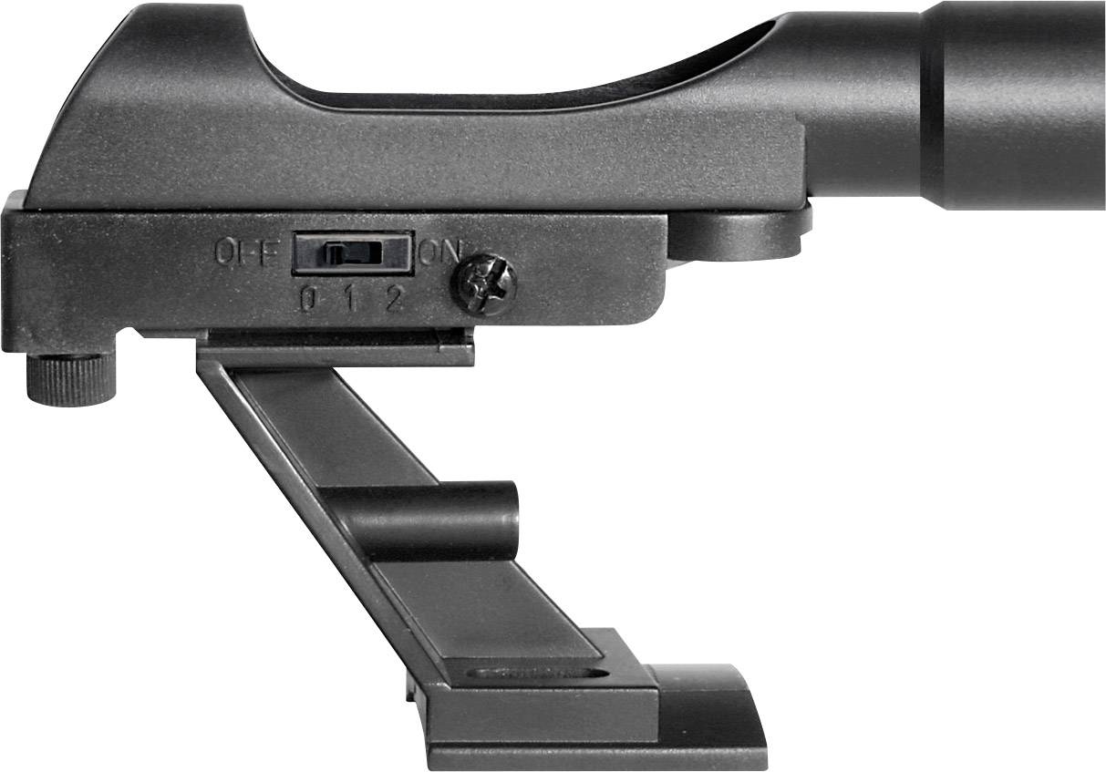 Widok z boku czarnej dźwigni z podziałką i przełącznikiem, oznaczonej napisami 'OFF 0 1 2', zamocowanej na ramieniu montażowym.