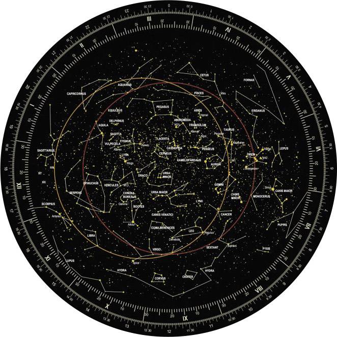 Gwiezdne koło z konstelacjami i obrotowym kręgiem pokazuje pozycje gwiazd i gwiazdozbiorów na nocnym niebie.