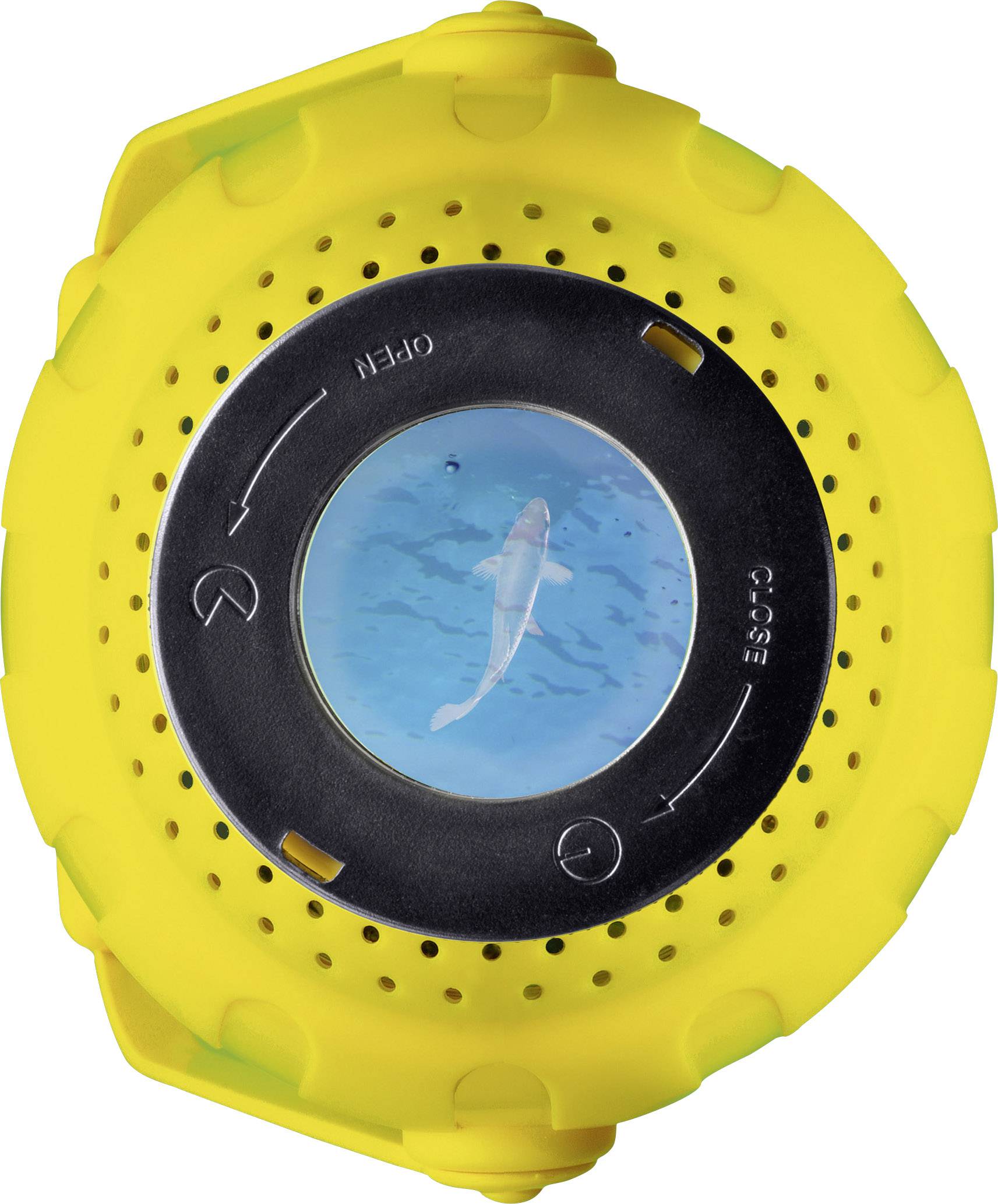 Żółte okrągłe urządzenie z okienkiem, które prezentuje obraz małego rekina w wodzie. Krawędź jest oznaczona strzałkami.