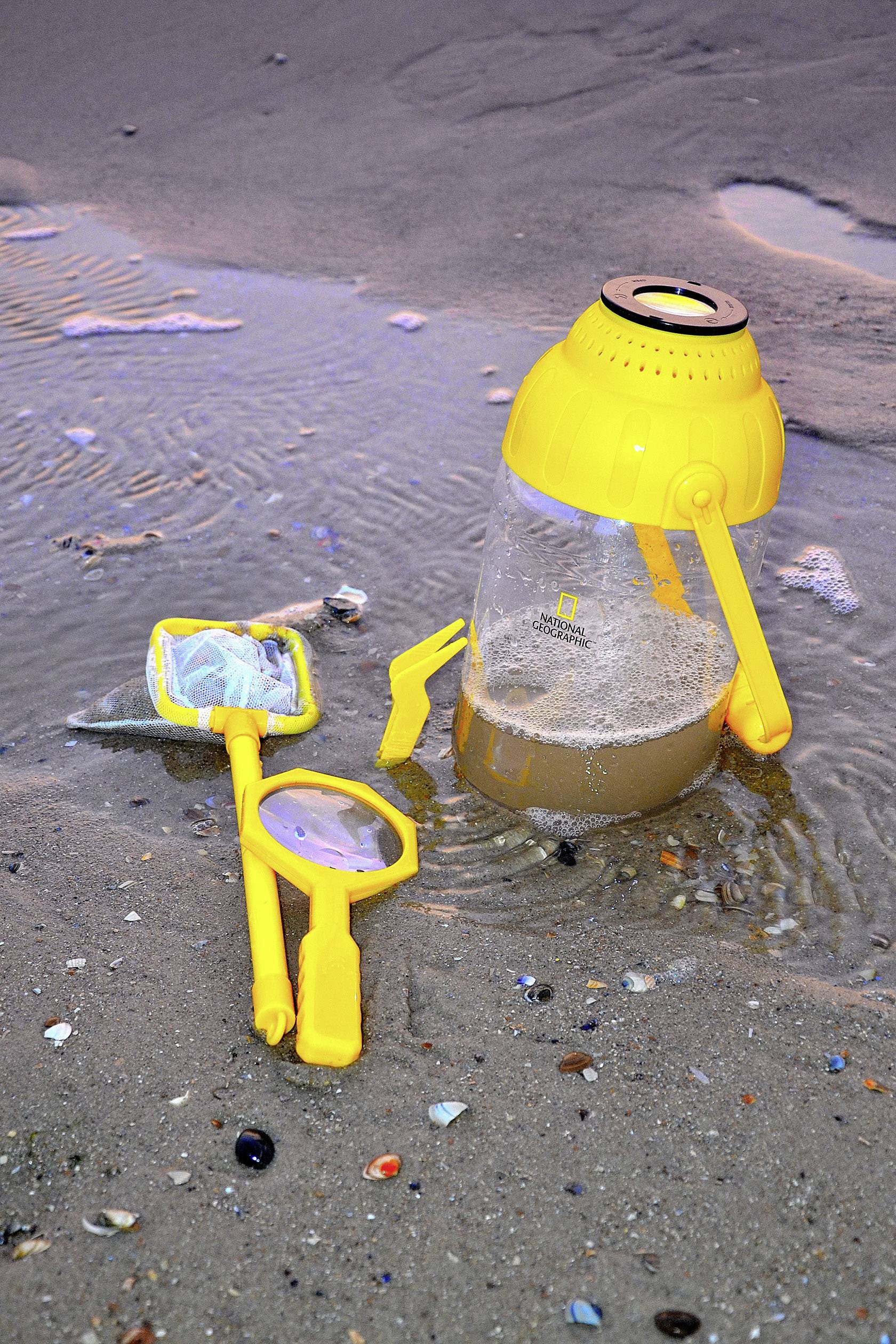 Żółty pojemnik kolekcjonerski z lupą i małą siatką leży na plaży w wodzie. Muszle i kamyki są rozrzucone w piasku.