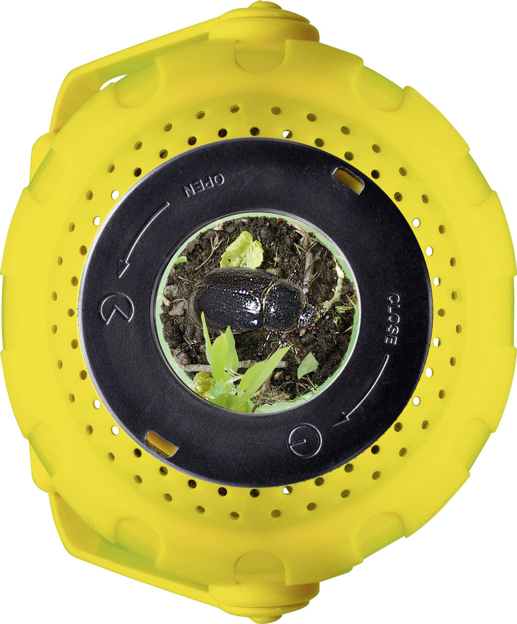 Okrągły, żółty pojemnik na kompost z czarną pokrywą przedstawia chrząszcza w glebie. Strzałki oznaczają kierunek obrotu 'OTWÓRZ' i 'ZAMKNIJ'.