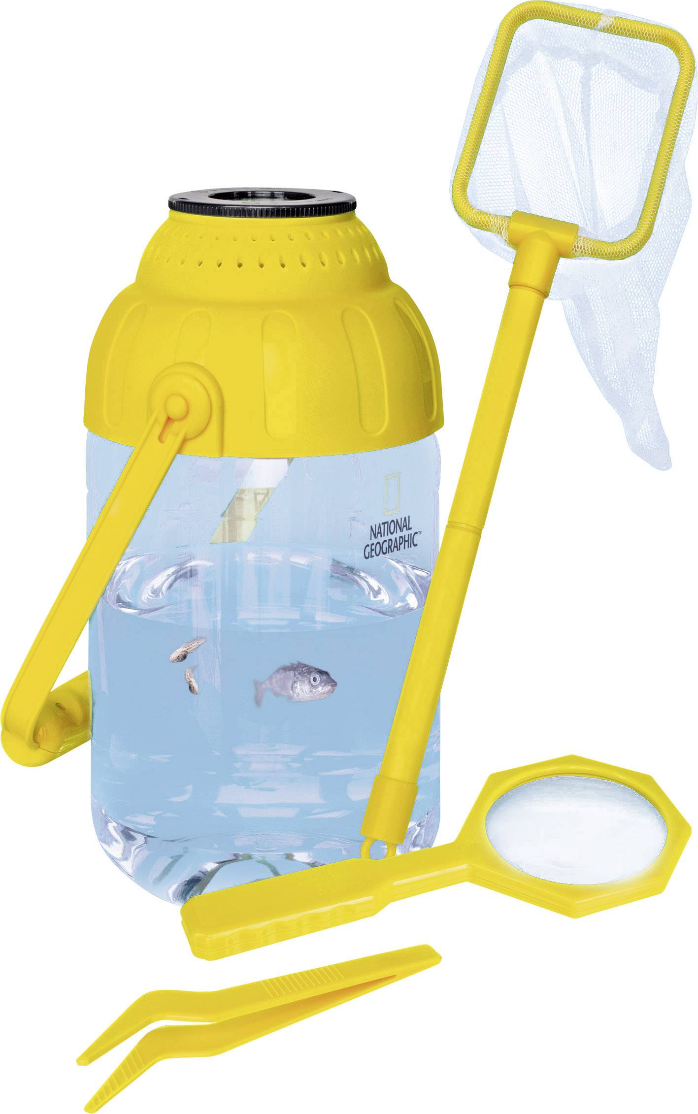 Żółty zestaw badawczy dla dzieci z pojemnikiem, siatką, lupą, pęsetą i małą rybką w wodzie, do obserwowania zwierząt wodnych.