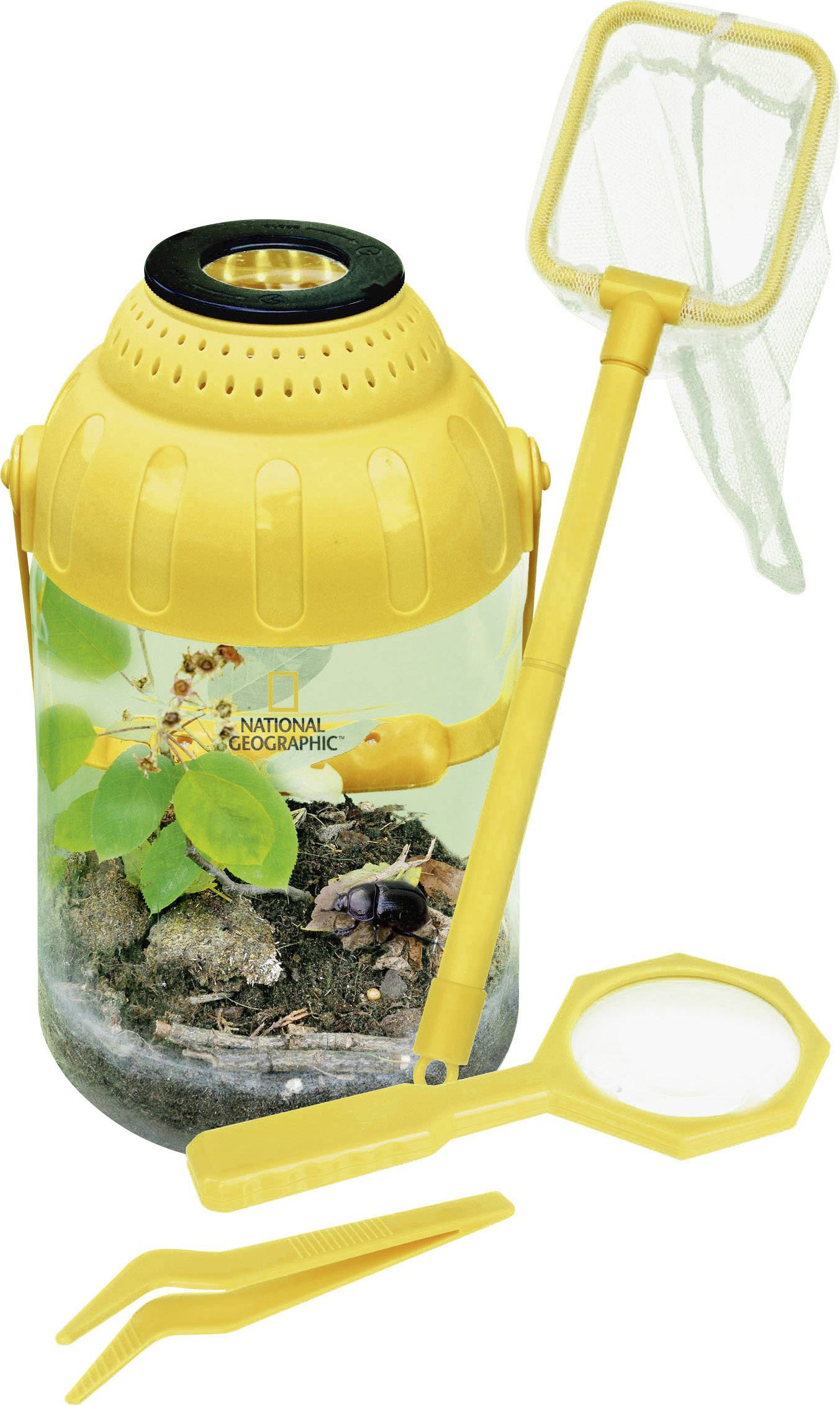 Żółty zestaw do obserwacji owadów ze słoikiem, lupą, pęsetą i siatką, idealny do badania owadów i roślin.