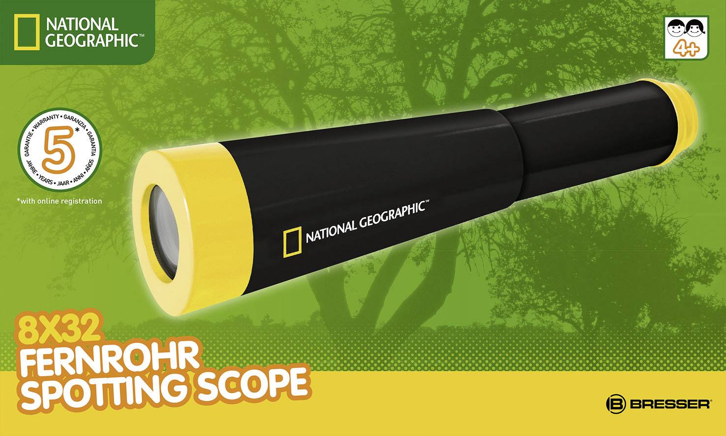 Lornetka National Geographic 8x32 z żółtym pierścieniem na zielonym tle. Polecana dla dzieci od 4 lat. Rejestracja do przedłużonej gwarancji.