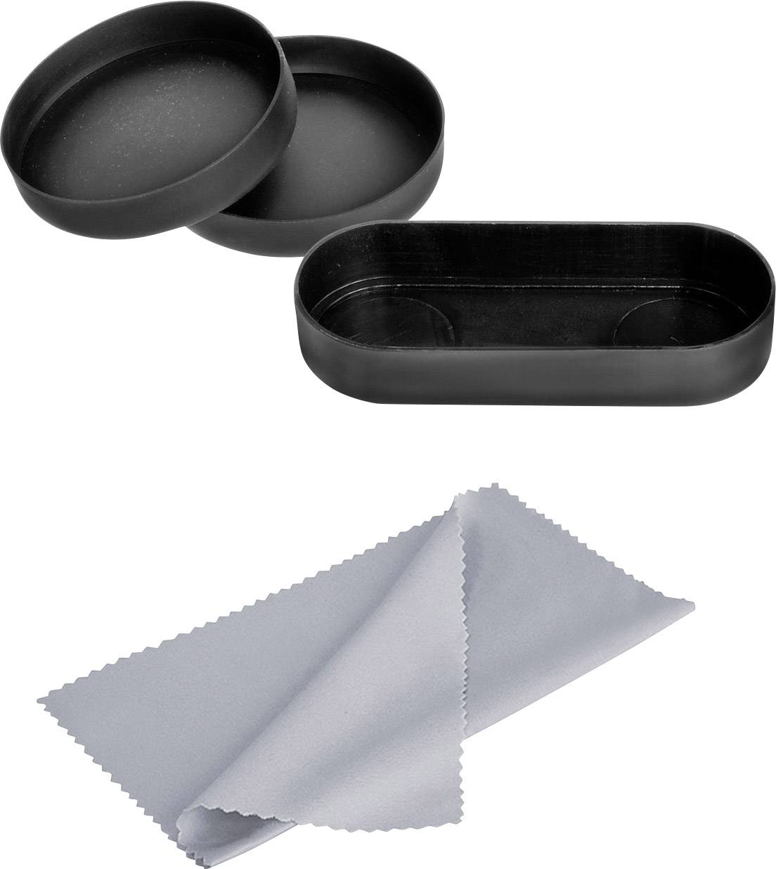 Czarne etui z pokrywką oraz ściereczka do czyszczenia. Etui jest owalne i otwarte. Ściereczka jest szara i wykonana z mikrofibry.