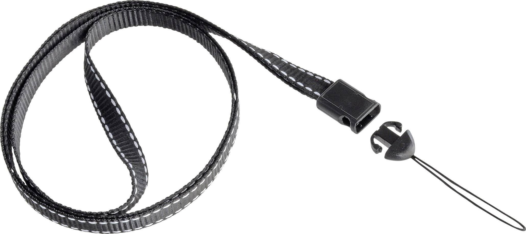 Czarny smycz z zapięciem zatrzaskowym i zatrzymującym paskiem bezpieczeństwa, który może służyć do zabezpieczania urządzeń elektronicznych.