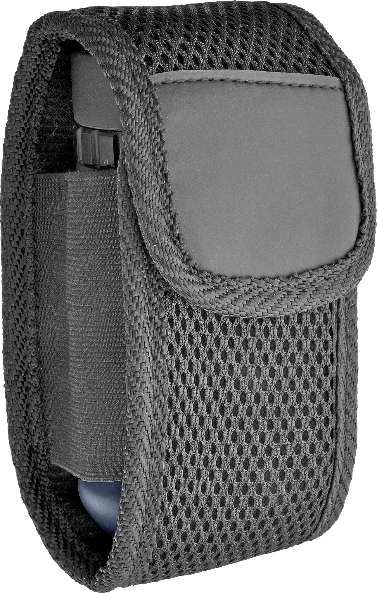 Czarne etui sieciowe z zakładką, przeznaczone do przechowywania sprayu lub podobnej okrągłej buteleczki. Wygląda funkcjonalnie i jest wygodne w noszeniu.