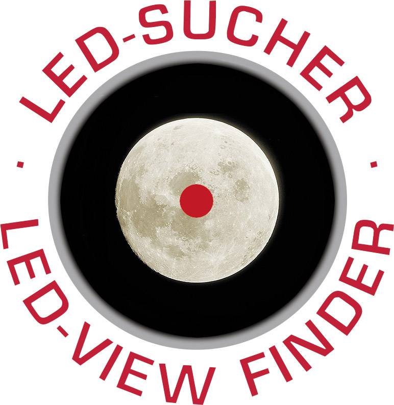 'LED-SZUKACZ LED-VIEW FINDER' w czerwonym tekście wokół pełni księżyca na czarnym tle, czerwony punkt w centrum księżyca.
