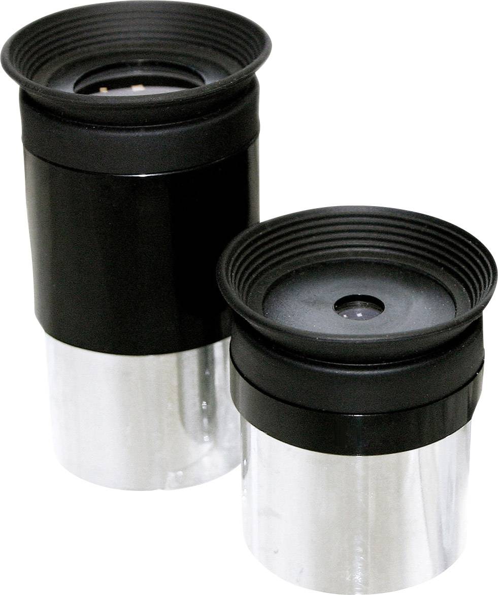 Dwa teleskopowe okulary o różnych rozmiarach, czarne z srebrnym zakończeniem, stoją pionowo obok siebie.