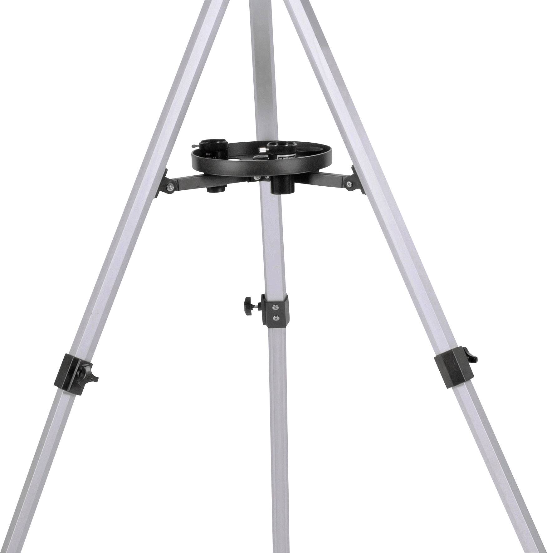 Biały, trójnożny statyw z regulowanymi nogami i półką pośrodku. Odpowiedni do kamer lub teleskopów.