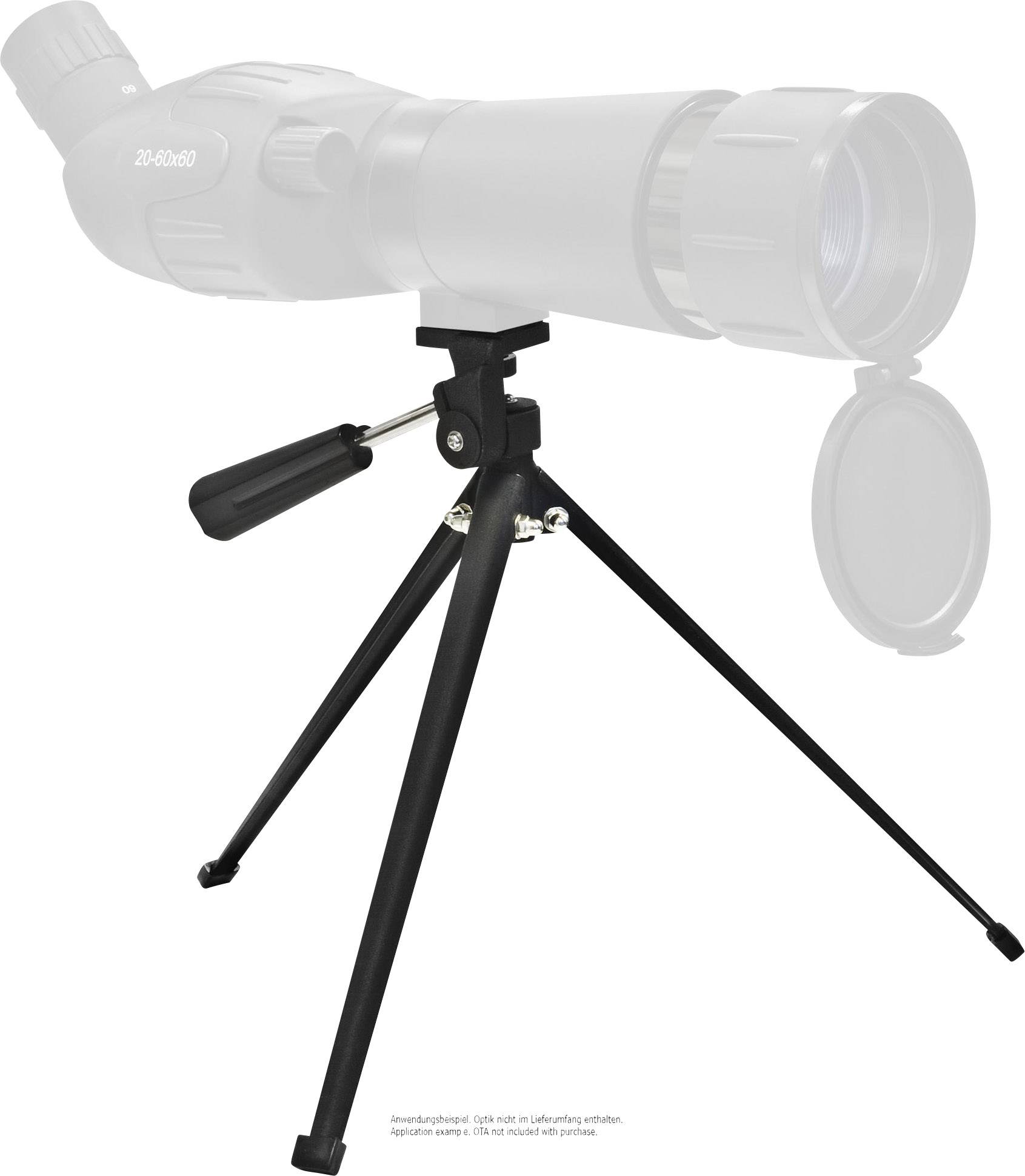 Czarny statyw na trzech nogach, przydatny do lornetek lub aparatów fotograficznych. Posiada uchwyt do regulacji wysokości.