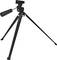 Czarny statyw metalowy na trzech nogach, wysuwany i regulowany na wysokość. Odpowiedni dla aparatów fotograficznych lub innych urządzeń.