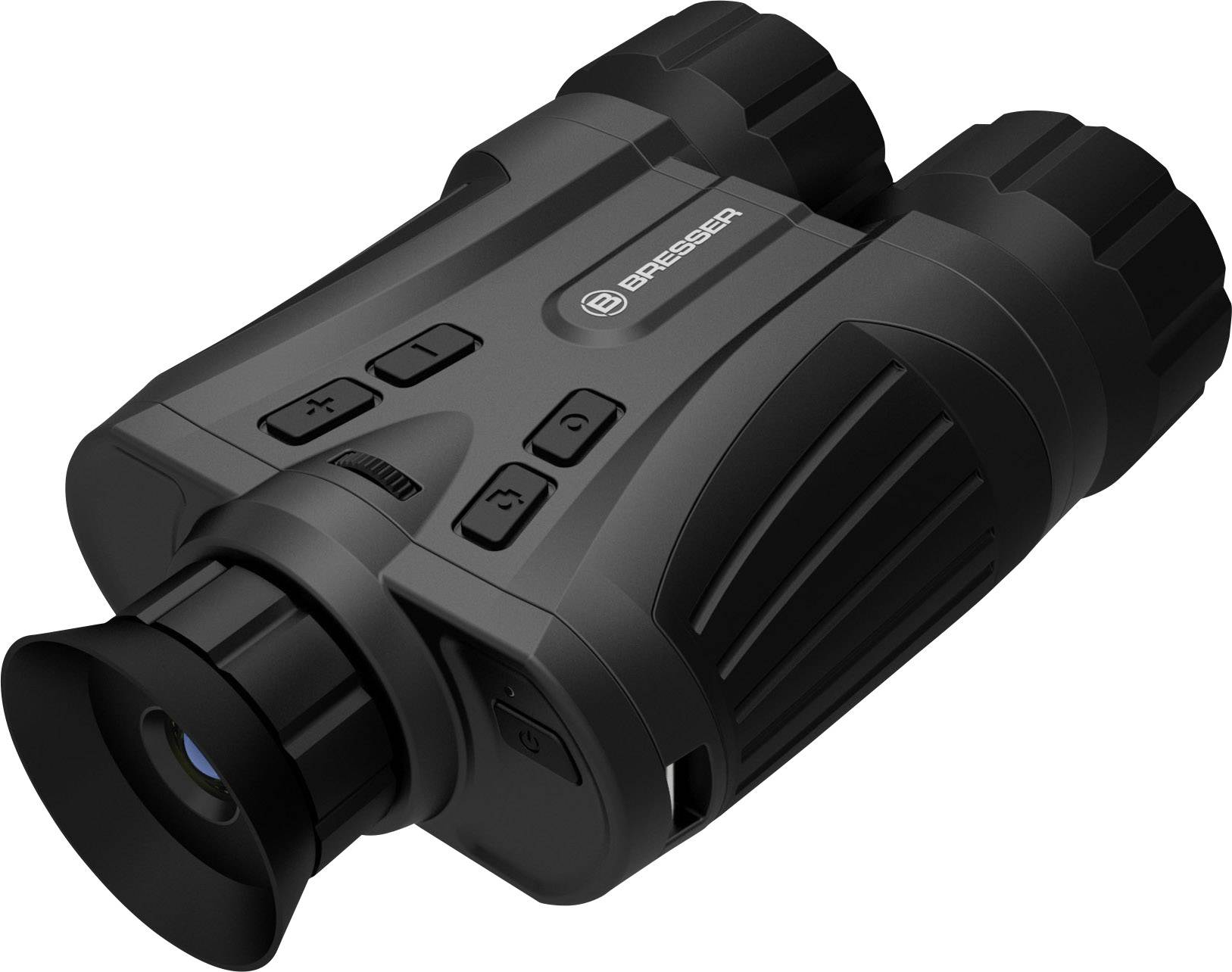 Czarny noktowizor z kilkoma przyciskami na górnej powierzchni. Posiada obiektywy dla obu oczu i okular do patrzenia.