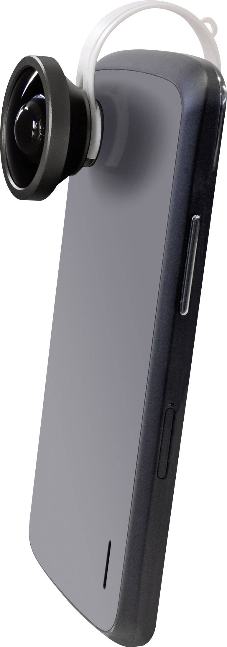 Smartfon z przymocowanym obiektywem rybie oko przedstawia ukośny kąt widzenia.