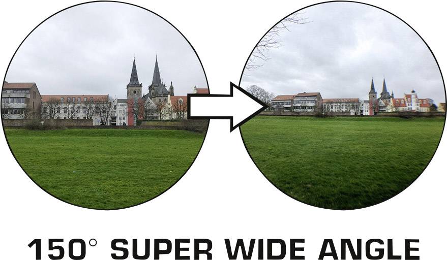Dwa okrągłe obrazy przedstawiają krajobraz miejski sfotografowany przy użyciu szerokokątnego obiektywu 150°. Obraz po lewej stronie ma mniejsze pole widzenia, obraz po prawej – szersze.