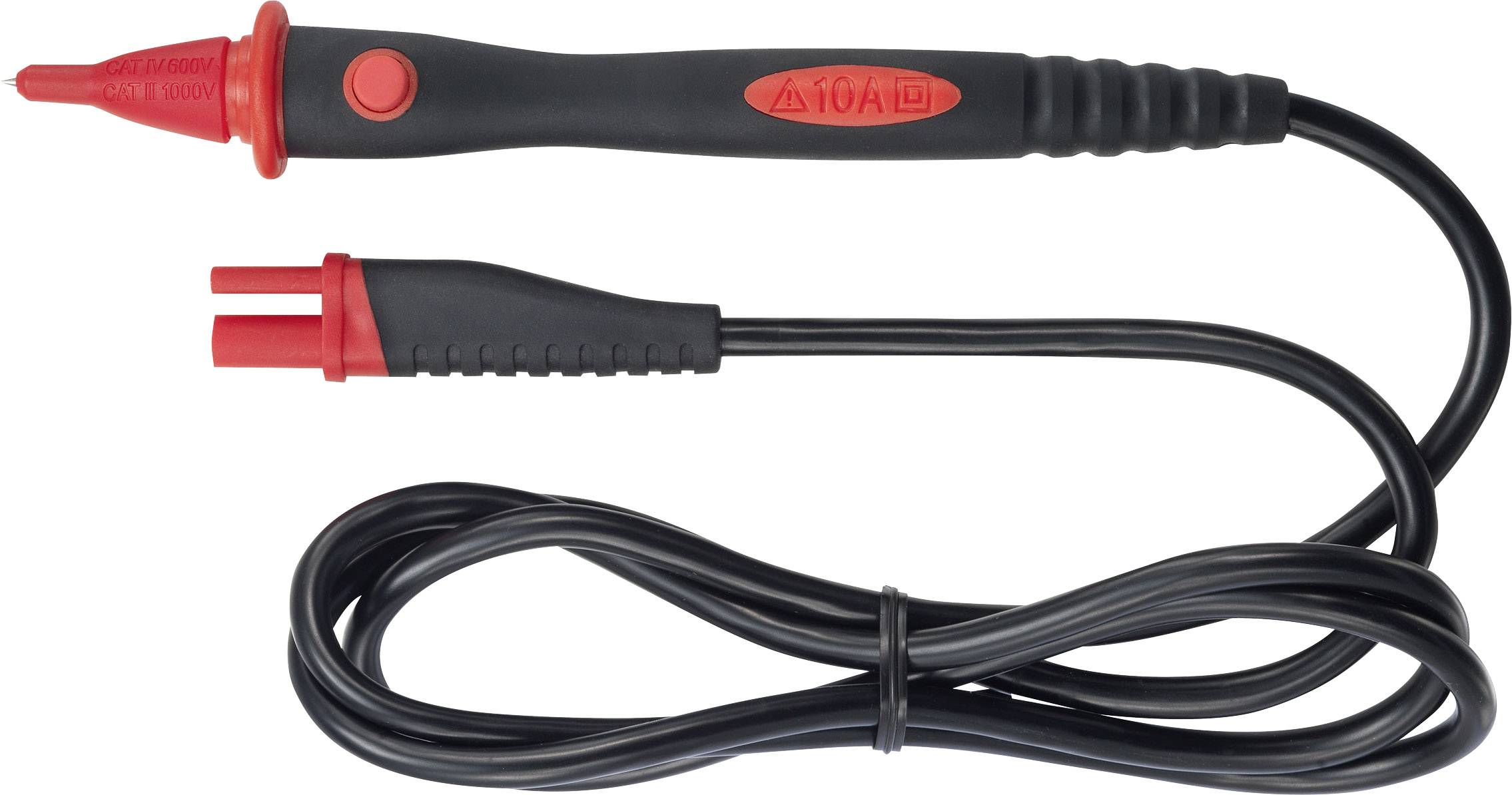 Czarny elektryczny miernik z czerwonymi końcówkami i przyciskami, przymocowany do długiego przewodu, nadający się do pomiarów do 10A.