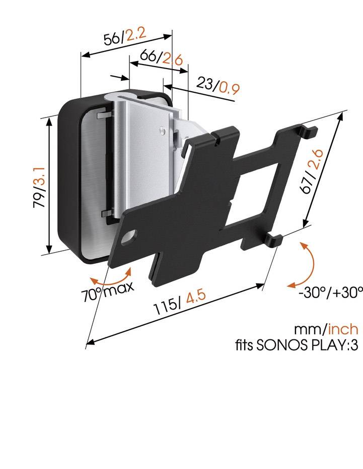 Uchwyt ścienny do SONOS PLAY:3, pokazujący wymiary w mm/calach: wysokość 115 mm, szerokość 66 mm, głębokość 67 mm, kąt nachylenia -30°/+30°.