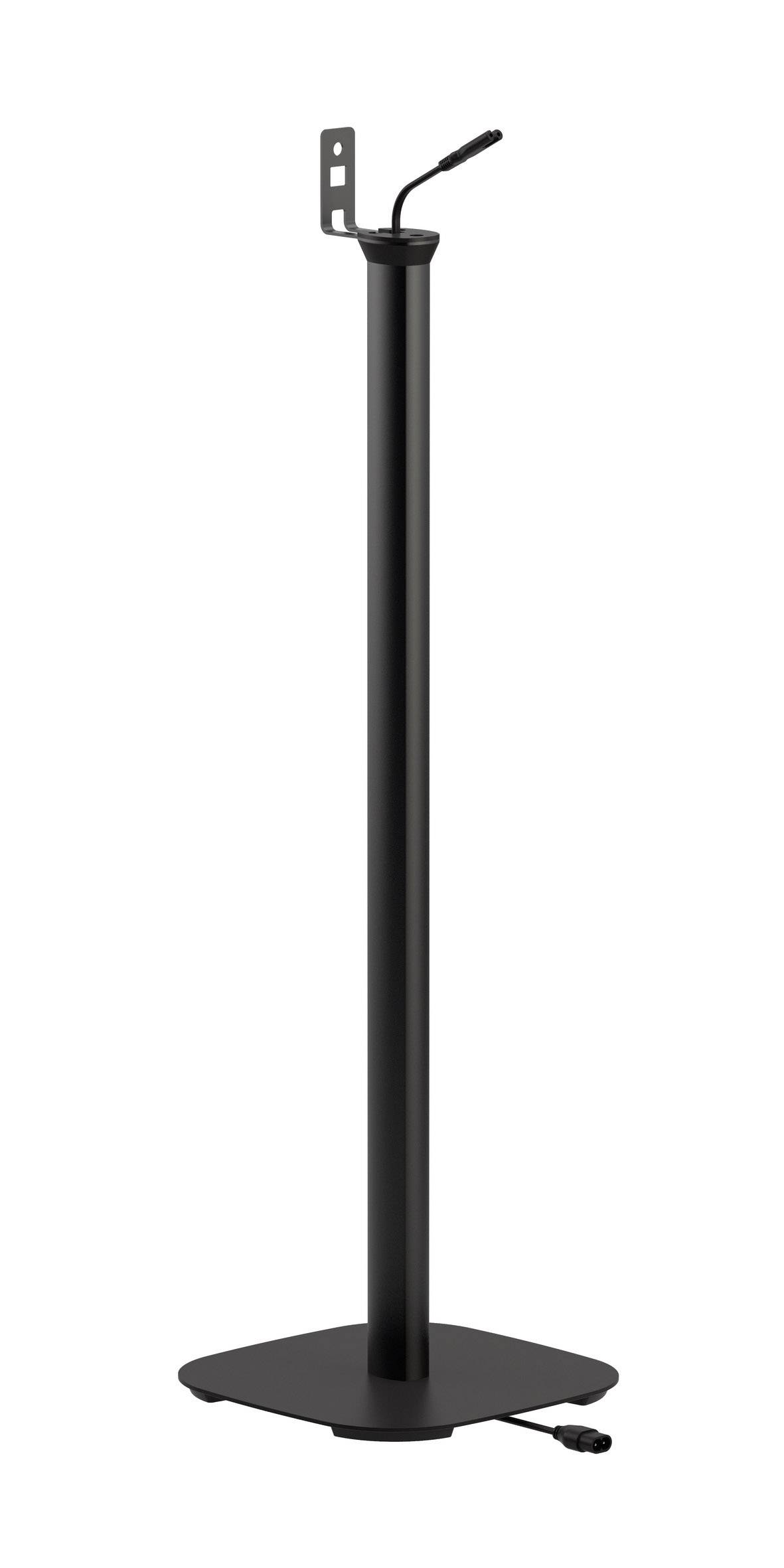 Czarny stojak głośnikowy z prostokątną podstawą i pionowo wystającym ramieniem do mocowania głośnika.