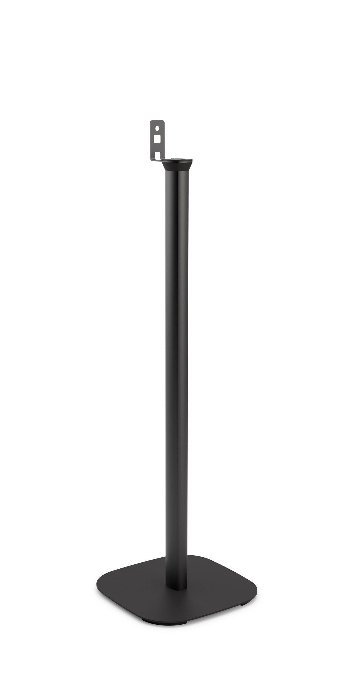 Czarny metalowy stojak z kwadratową podstawą i pionowym słupem, zakończony małym uchwytem do mocowania obiektów.