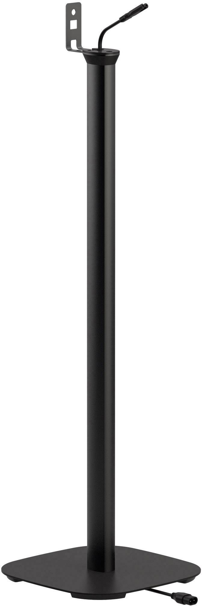 Czarny stojak na głośniki, smukła konstrukcja, z prostokątną podstawą i uchwytem na górze, odpowiedni dla różnych typów głośników.