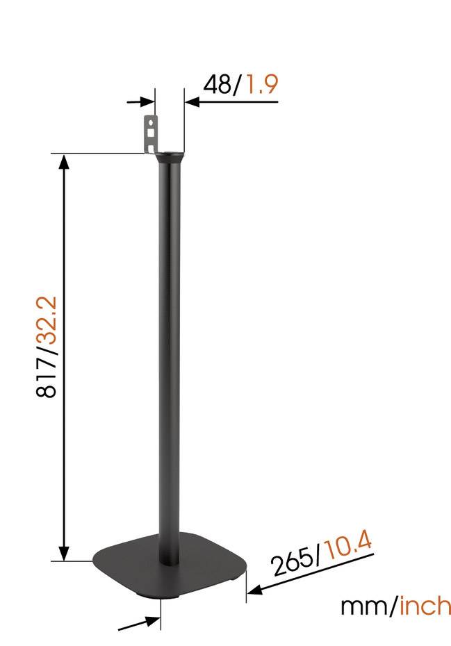 Czarny metalowy stojak o kwadratowej podstawie. Wysokość wynosi 817 mm (32,2 cala), szerokość u góry 48 mm (1,9 cala), podstawa 265 mm (10,4 cala).