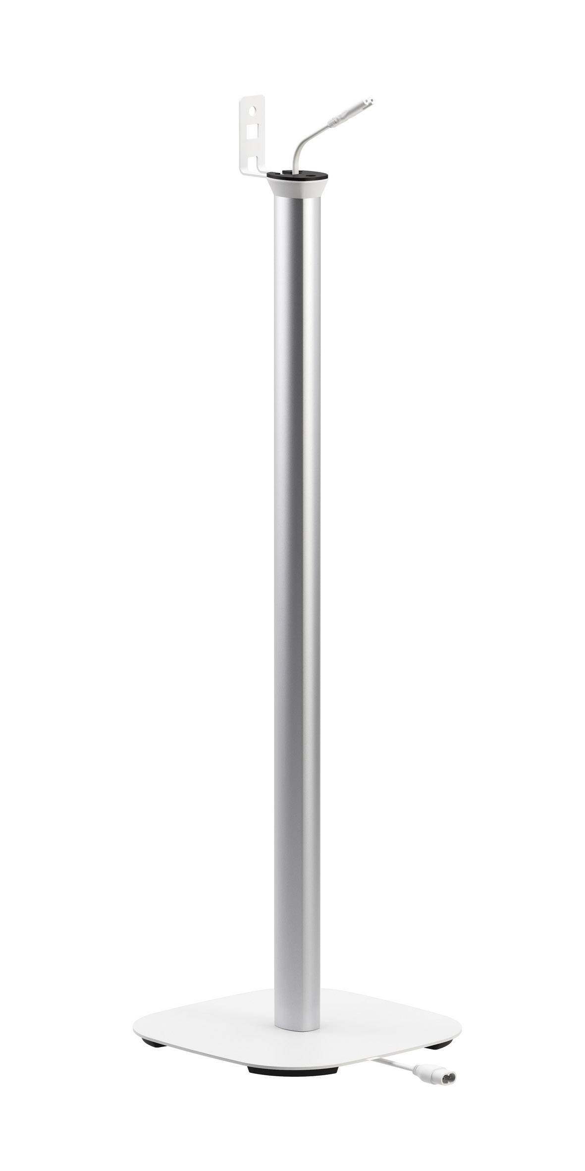 Srebrny statyw metalowy z hakiem na czubku, zamontowany na białym cokole kwadratowego kształtu.