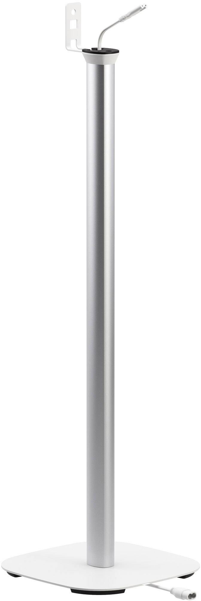 Srebrny stojak głośnikowy z okrągłą podstawą, odpowiedni do podtrzymywania głośników w salonie lub domowym kinie.