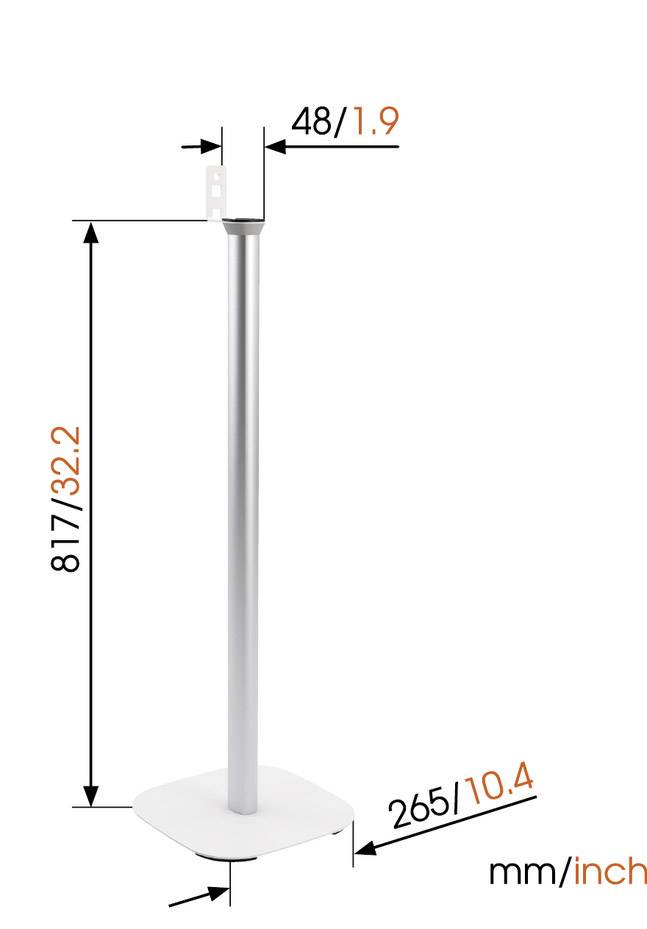 Metalowa podpora w kolorze szarym, wysokość 817 mm, górna szerokość 48 mm, szerokość podstawy 265 mm. Wymiary podane w milimetrach i calach.