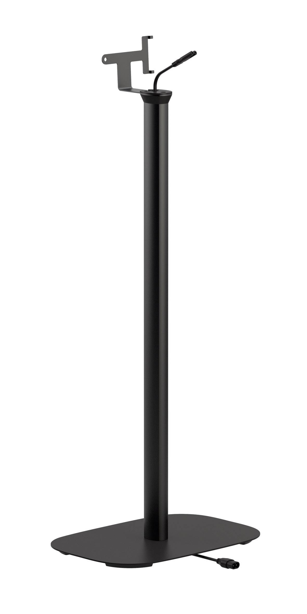 Czarny stojak głośnikowy z prostokątną podstawą i uchwytem na górze; odpowiedni do domowego systemu kina lub sprzętu audio.