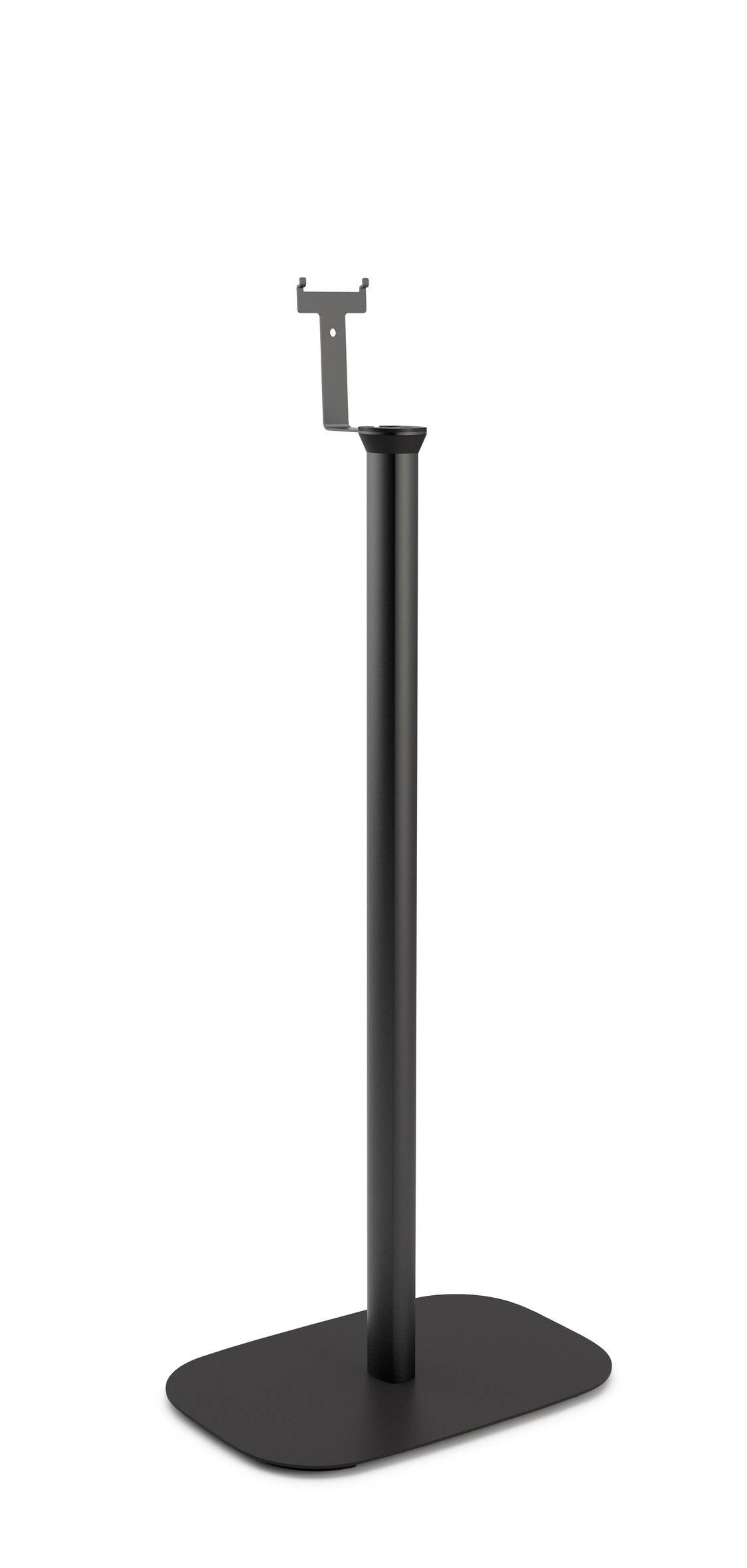 Czarny metalowy stojak z prostokątną podstawą i uchwytem górnym, odpowiedni do podtrzymywania monitorów lub urządzeń elektronicznych.