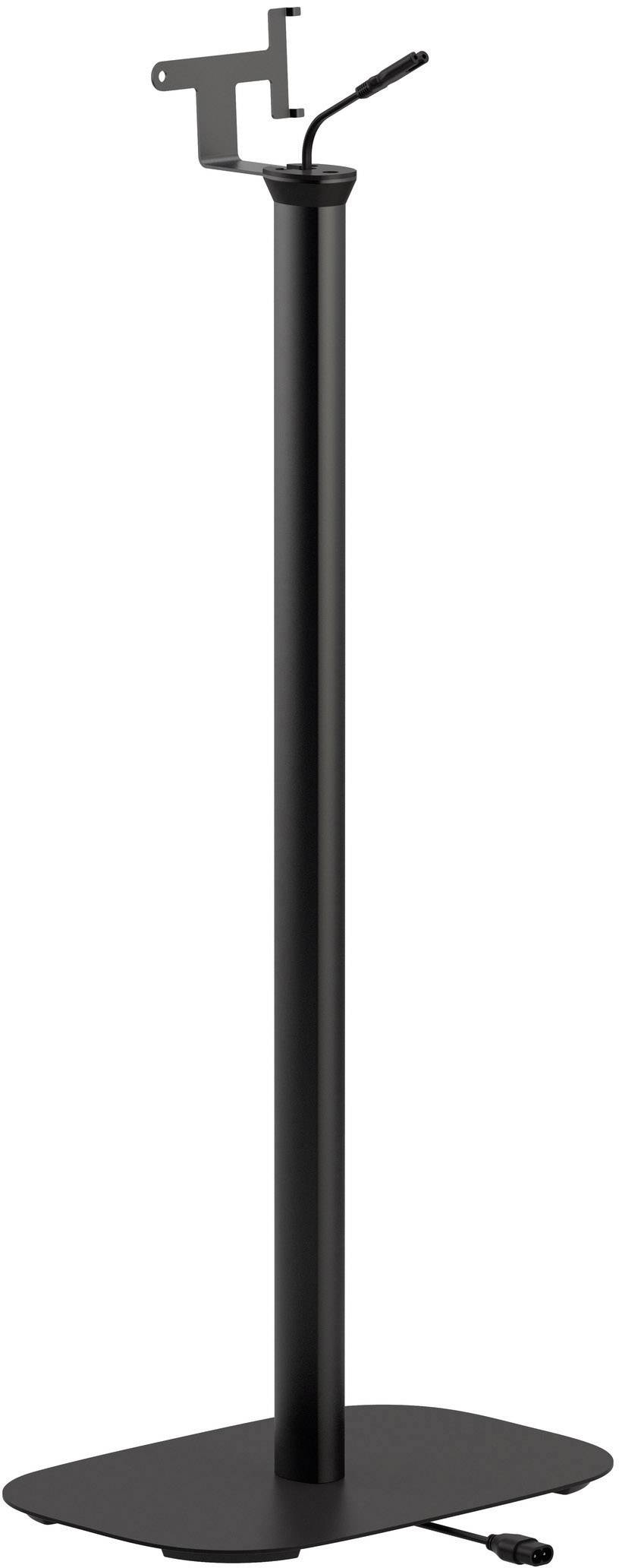 Czarny statyw głośnikowy z regulowaną wysokością i uchwytem na kable.