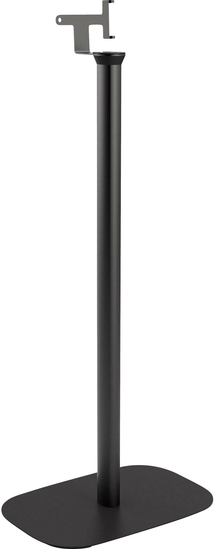 Czarny metalowy stojak z prostokątną podstawą i hakiem na górze do mocowania. Odpowiedni do instalacji monitora lub wyświetlacza.